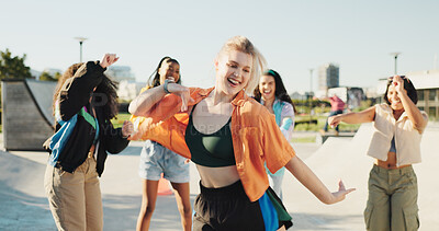 Buy stock photo Happy, dance circle and girl friends in city with music for hip hop, fashion or talent with freestyle. Smile, fun and group of people with energy for moving to song for practice outdoor in town.