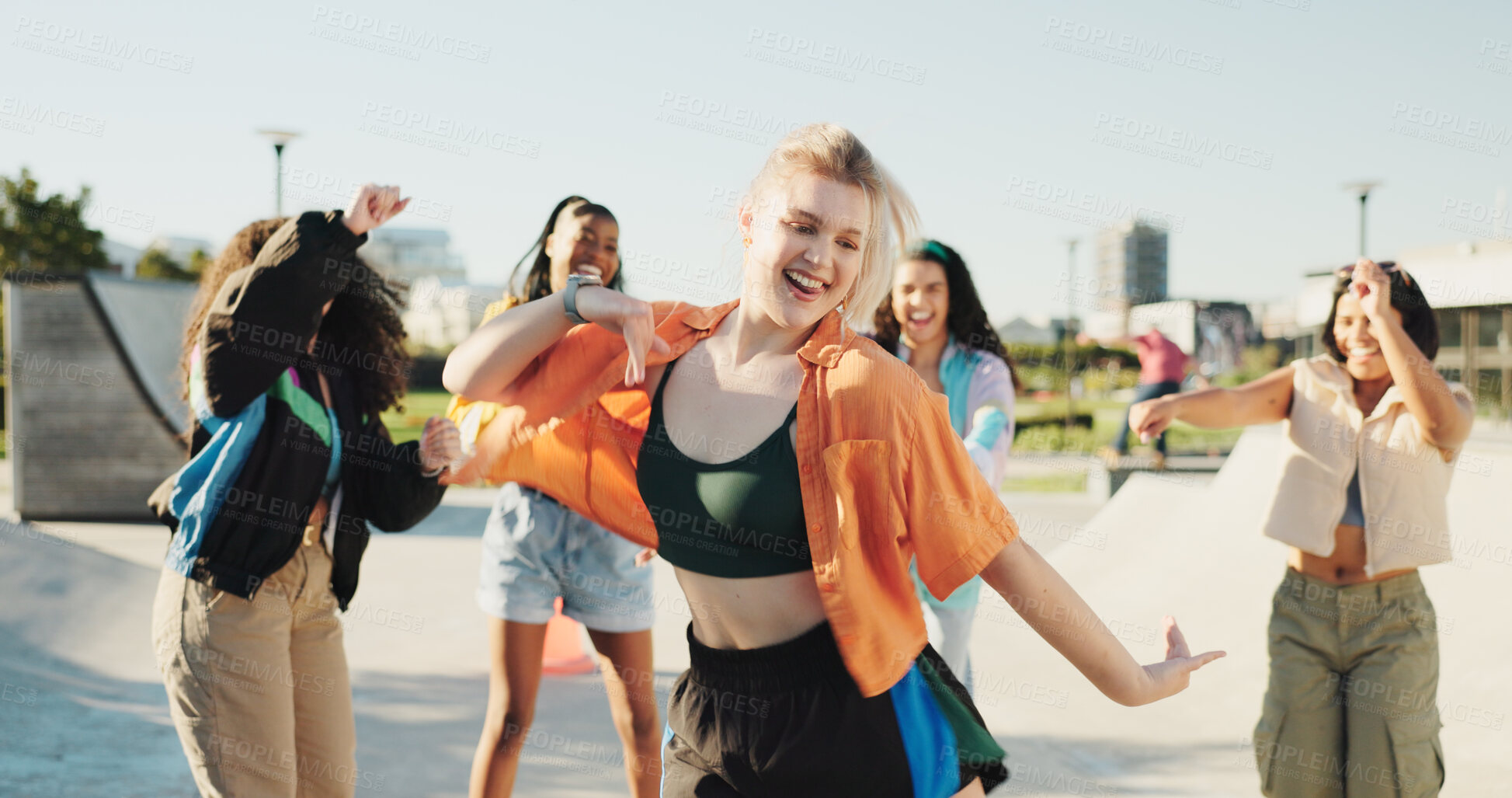 Buy stock photo Happy, dance circle and girl friends in city with music for hip hop, fashion or talent with freestyle. Smile, fun and group of people with energy for moving to song for practice outdoor in town.