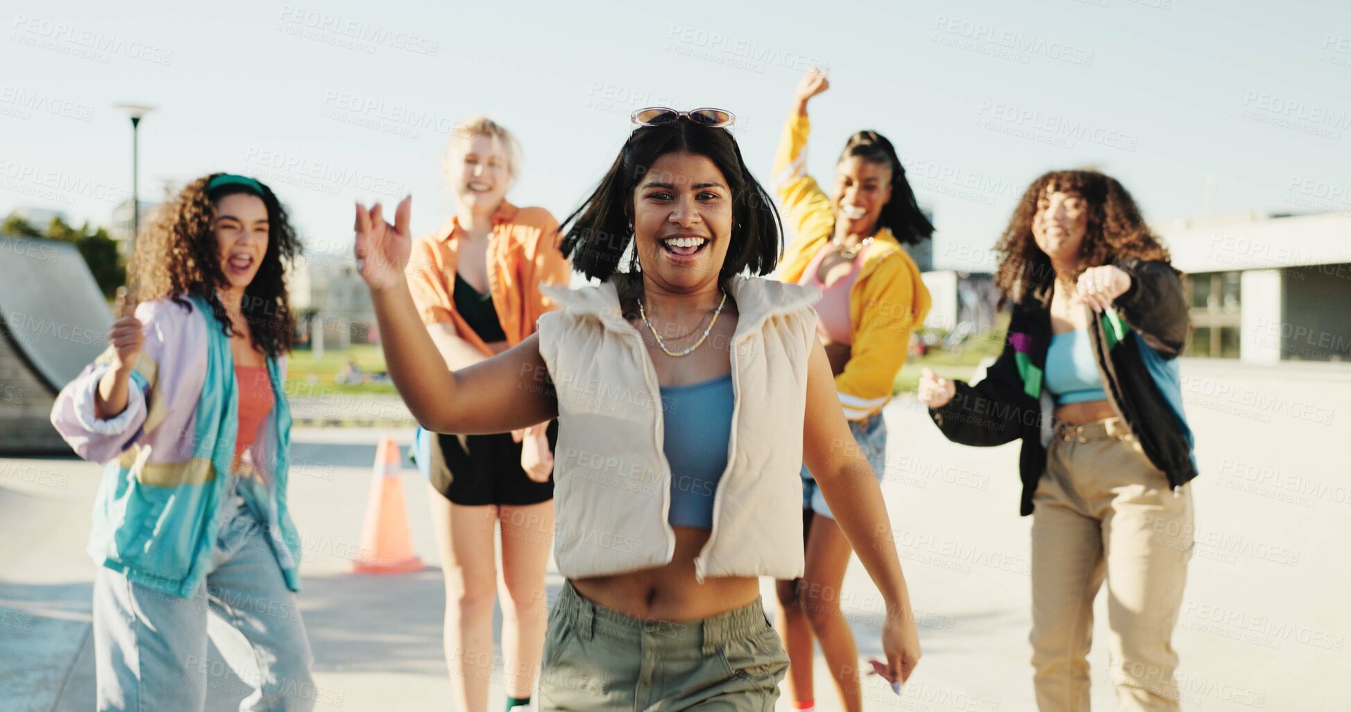 Buy stock photo Portrait, dancing and girl friends in city with music for hip hop, fashion or talent with freestyle. Happy, fun and people with energy for moving to song together for practice outdoor in town.