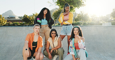 Buy stock photo Attitude, fashion and portrait of women outdoor at park together in retro streetwear as dance crew. Community, diversity and urban style with serious group of dancer friends in city for bonding