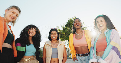 Buy stock photo Portrait, laugh and dancing crew in park with team, hip hop culture and freestyle choreography. Smile, women and friends breakdance with low angle, bonding and urban fashion with outdoor streetwear