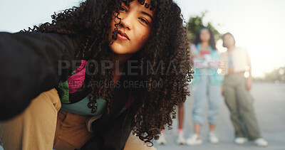 Buy stock photo Portrait, selfie and woman with streetwear, outdoor and profile picture of Gen z in city or fashion. Confident, student and photography on urban road, people and memory for post, trendy and cool