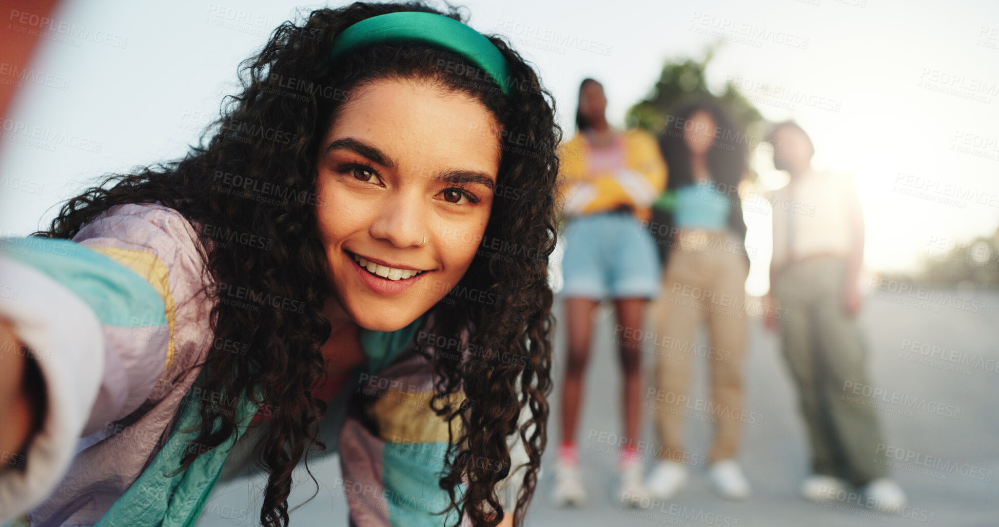 Buy stock photo Portrait, selfie and woman with streetwear, confident and profile picture of Gen z in city and cool. Outdoor, student and photography on urban road, people and memory for post, smile and trendy