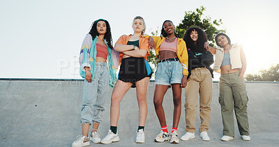 Buy stock photo Fashion, portrait and woman friends outdoor at park together in retro streetwear as dance crew. Diversity, low angle and urban style with group of dancer people in clothes outfit for city bonding