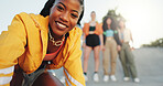 Gen z woman, selfie and portrait with streetwear, smile and friends in dance crew with fashion in city. Girl, influencer and group with photography, low angle or video recording for social media