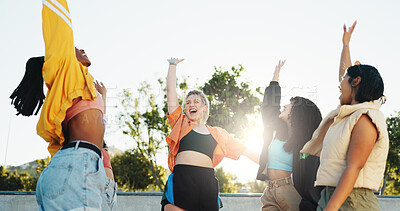 Buy stock photo Happy women, friends and winning with success in park for group celebration or achievement. Female people, team or excited community with hooray in huddle or joy for mission, well done or motivation