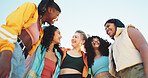Laugh, hug and dancing crew on blue sky with huddle, hip hop culture and freestyle choreography. Smile, women and friends breakdance with low angle, bonding and urban fashion with outdoor streetwear