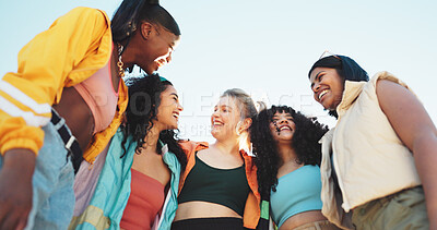 Buy stock photo Laugh, hug and dancing crew on blue sky with huddle, hip hop culture and freestyle choreography. Smile, women and friends breakdance with low angle, bonding and urban fashion with outdoor streetwear