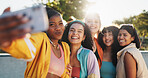 Happy women, friends and fashion with selfie in park for photography or picture together. Female people, group or memory with smile in joy for social media, post or capture moment in an urban town