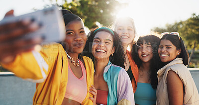 Buy stock photo Happy women, friends and fashion with selfie in park for photography or picture together. Female people, group or memory with smile in joy for social media, post or capture moment in an urban town