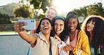 Happy women, friends or bonding with selfie in park for photography or picture together. Female people, group or memory with laugh in fashion for social media, post or capture moment in an urban town