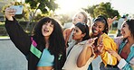 Happy women, friends or peace sign with selfie in park for photography or picture together. Female people, group or memory with smile in fashion for social media or capture moment in an urban town