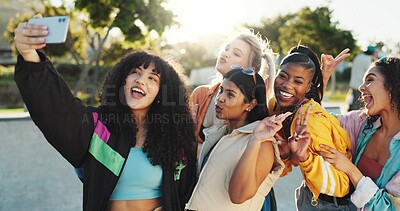 Buy stock photo Happy women, friends or peace sign with selfie in park for photography or picture together. Female people, group or memory with smile in fashion for social media or capture moment in an urban town