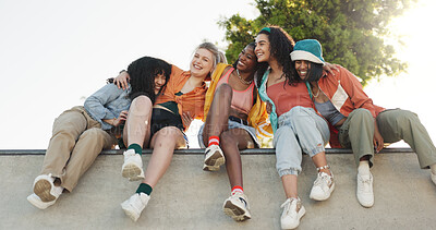 Buy stock photo Women, friends and laughing with hug in fashion or park for funny joke, social or humor together. Female people, gen z or happy group with smile for comedy, diversity or community in outdoor nature