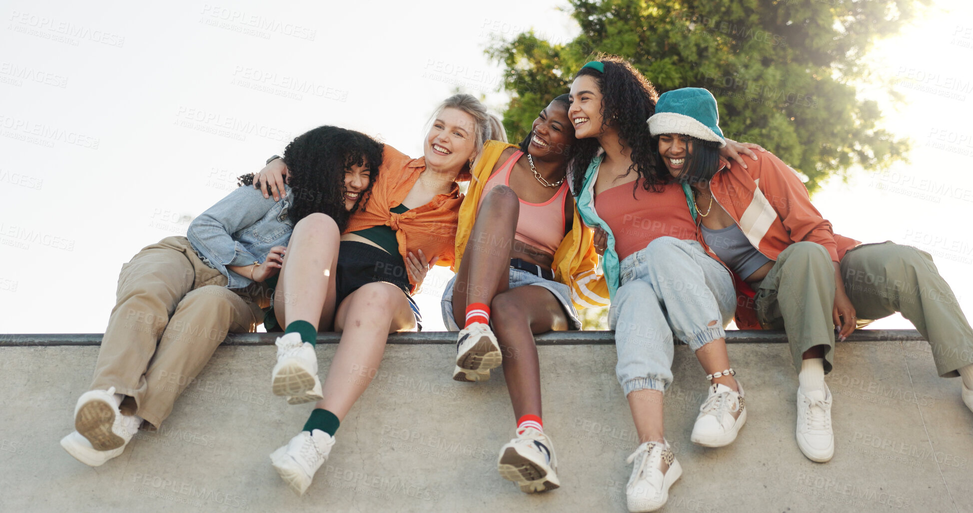 Buy stock photo Women, friends and laughing with hug in fashion or park for funny joke, social or humor together. Female people, gen z or happy group with smile for comedy, diversity or community in outdoor nature