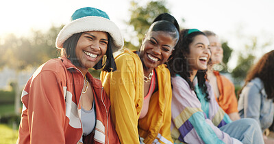 Buy stock photo Happy women, friends and laughing with fashion in park for funny joke, social or humor together. Female people, gen z or group with smile in stylish clothing for comedy or diversity in outdoor nature