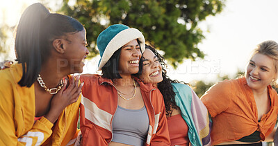 Buy stock photo Friends, hug and women with laughing at park for funny conversation, holiday reunion and bonding. Gen z fashion, people and happy outdoor for weekend together, social gathering and travel adventure