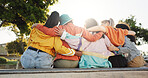 Women, friends or fashion with hug in park for urban style, community or bonding together. Back view, female people or group with embrace in unity, team or solidarity for support in outdoor nature