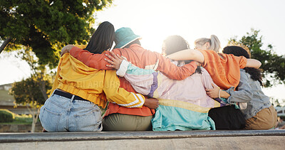 Buy stock photo Women, friends or fashion with hug in park for urban style, community or bonding together. Back view, female people or group with embrace in unity, team or solidarity for support in outdoor nature