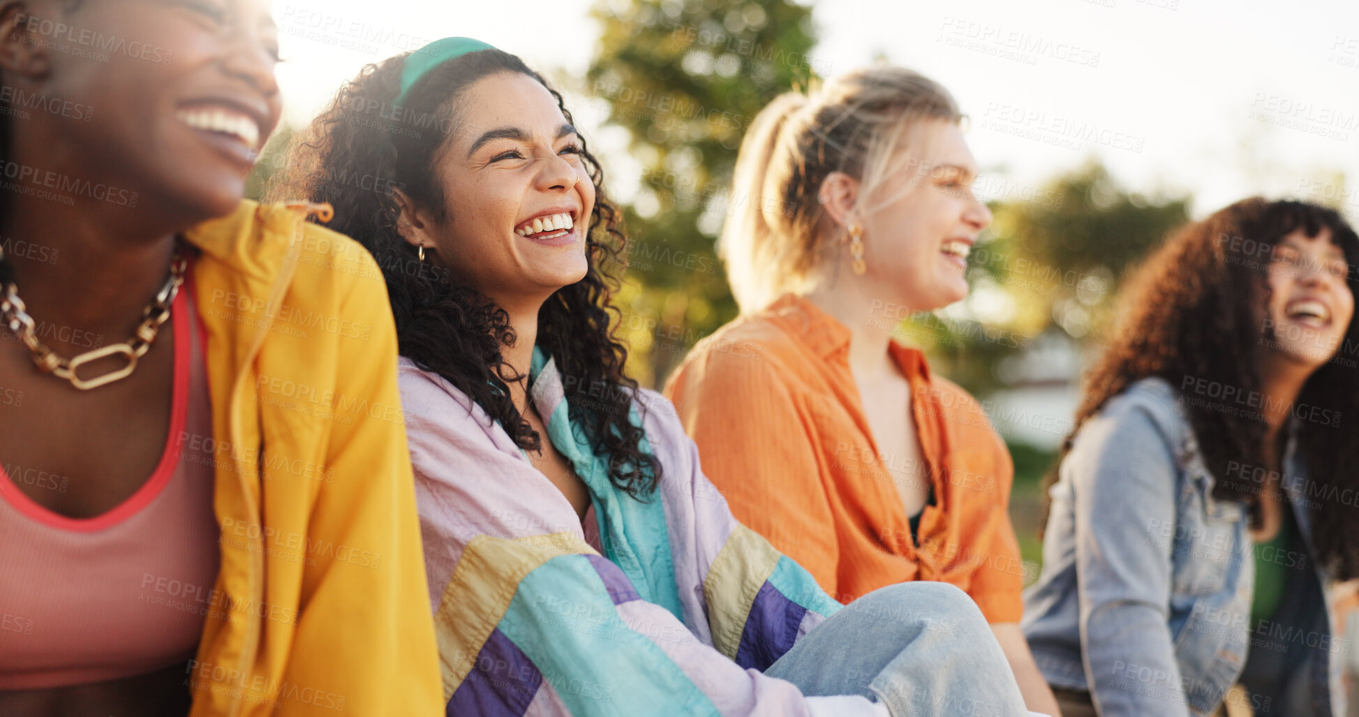 Buy stock photo Friends, relax and women with laughing at park for funny conversation, gossip story and bonding. Gen z fashion, people and happy outdoor for weekend together, social gathering and comic discussion