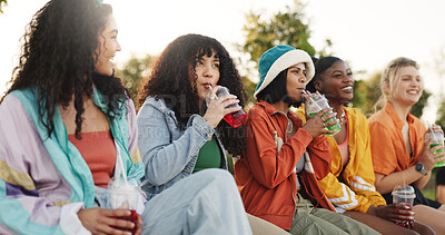 Buy stock photo Happy, women and friends with drinks at park for listening to story, gossip update and bonding together. Smile, people and beverage of group reunion, social gathering and discussion in nature outdoor