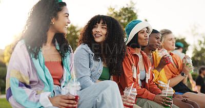 Buy stock photo Smile, women and group of friends at park for listening to story, gossip update and bonding together. Happy, people and talk with drink for reunion, social gathering and discussion in nature outdoor