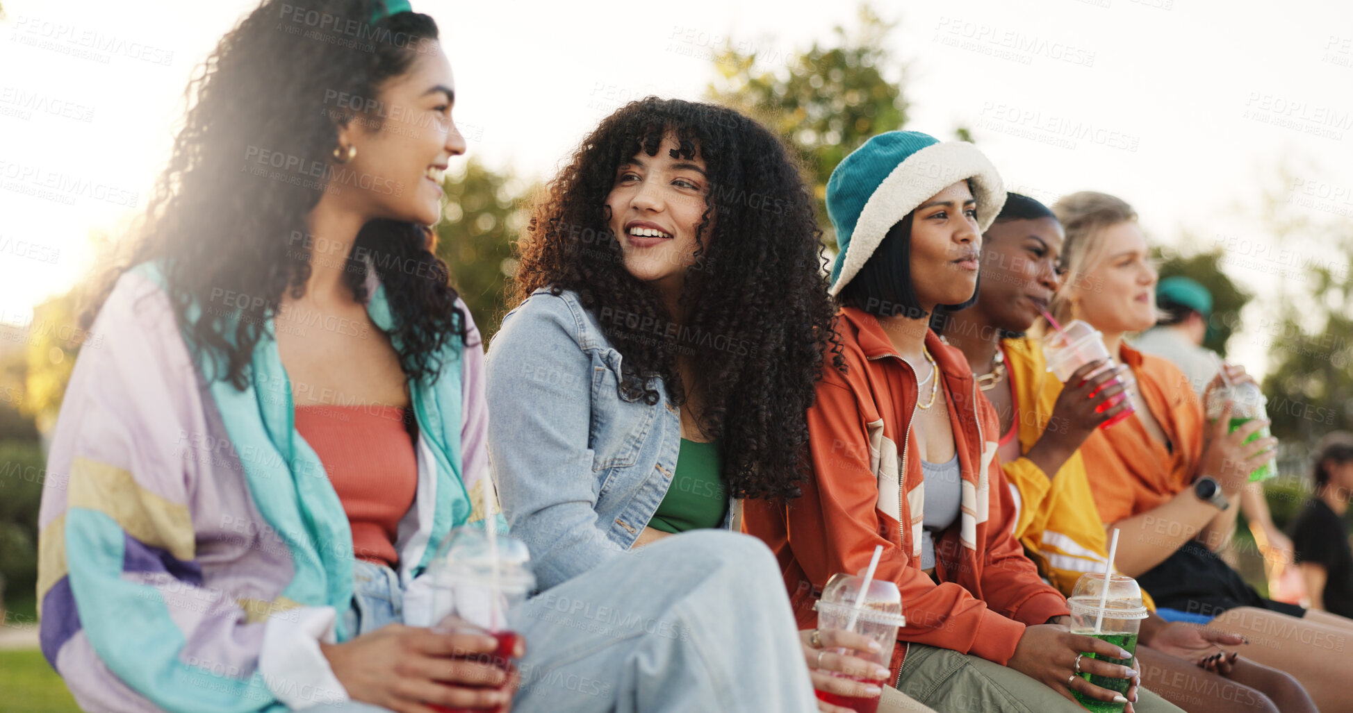 Buy stock photo Smile, women and group of friends at park for listening to story, gossip update and bonding together. Happy, people and talk with drink for reunion, social gathering and discussion in nature outdoor