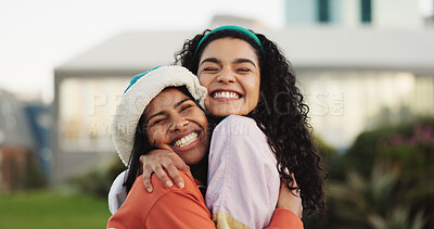 Buy stock photo Smile, women and hug with friends in city for love, care and bonding together with affection. Happy, people and embrace for reunion, long distance friendship and support with connection in urban town