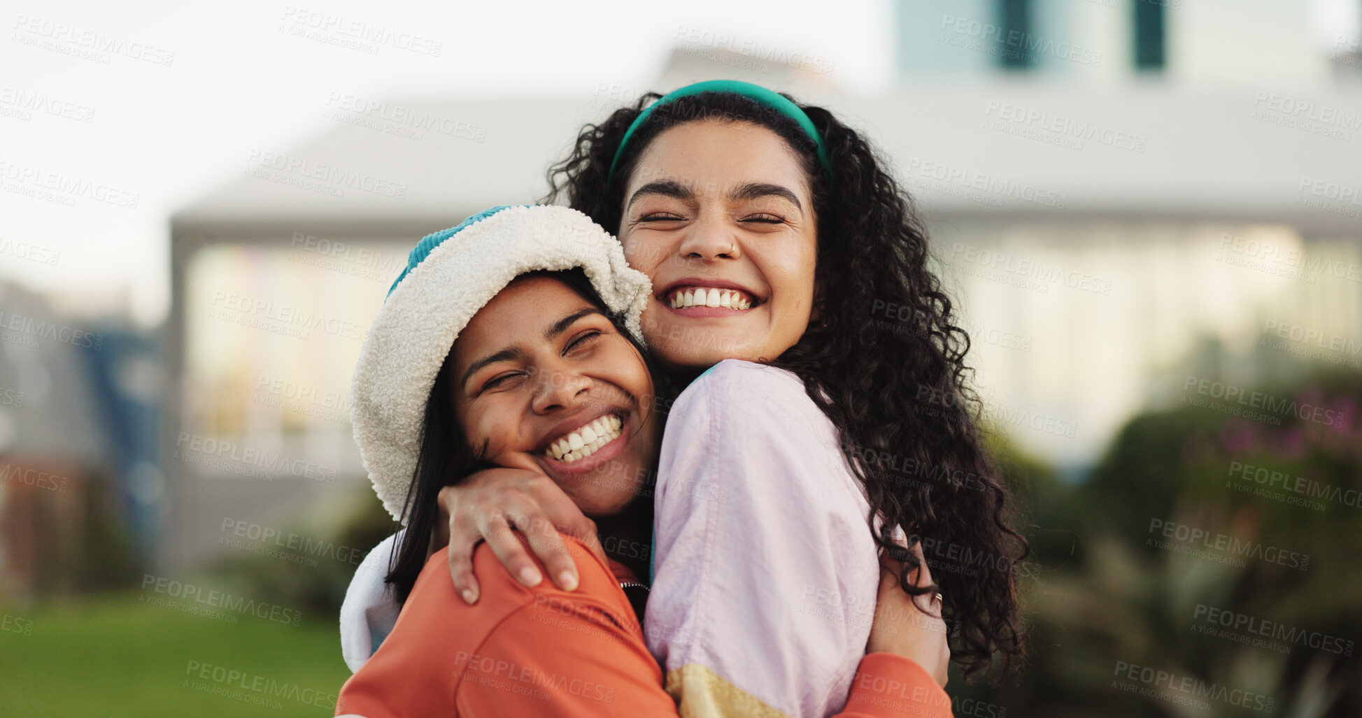 Buy stock photo Smile, women and hug with friends in city for love, care and bonding together with affection. Happy, people and embrace for reunion, long distance friendship and support with connection in urban town