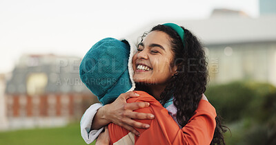 Buy stock photo Happy, woman and hug with friends outdoor for love, care and bonding together with affection. Smile, people and embrace for reunion, long distance friendship and support with connection in urban town