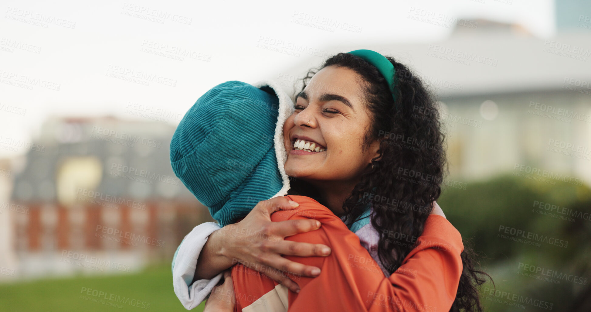 Buy stock photo Happy, woman and hug with friends outdoor for love, care and bonding together with affection. Smile, people and embrace for reunion, long distance friendship and support with connection in urban town
