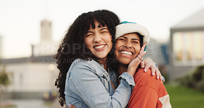 Buy stock photo Happy, women and hug with friends in city for love, care and bonding together with affection. Smile, people and embrace for reunion, long distance friendship and support with connection in urban town