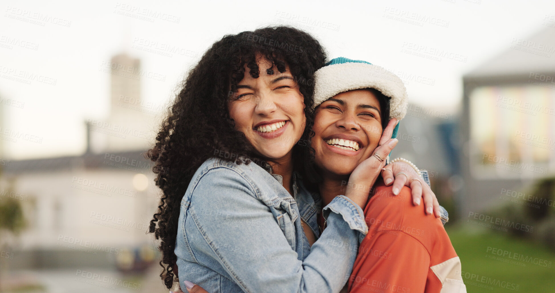 Buy stock photo Happy, women and hug with friends in city for love, care and bonding together with affection. Smile, people and embrace for reunion, long distance friendship and support with connection in urban town