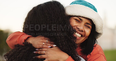 Buy stock photo Happy, woman and hug with friends in city for love, care and bonding together with affection. Smile, people and embrace for reunion, long distance friendship and support with connection in town