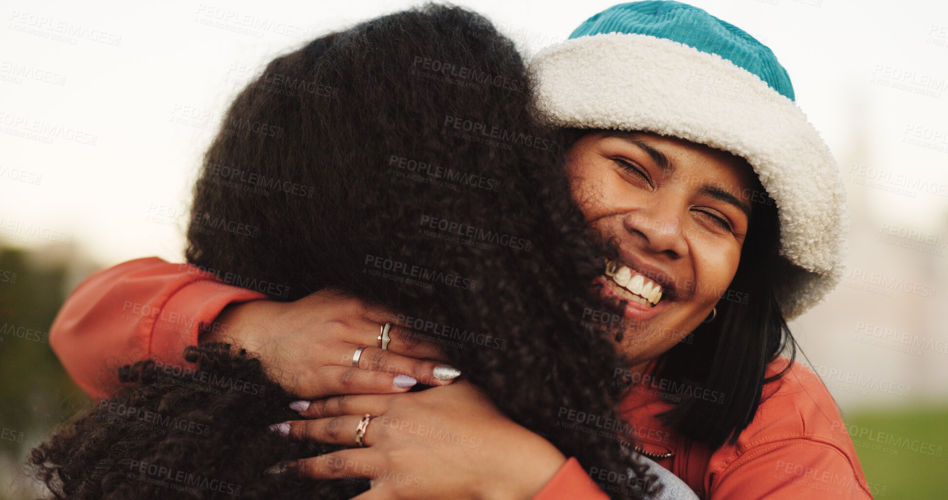 Buy stock photo Happy, woman and hug with friends in city for love, care and bonding together with affection. Smile, people and embrace for reunion, long distance friendship and support with connection in town