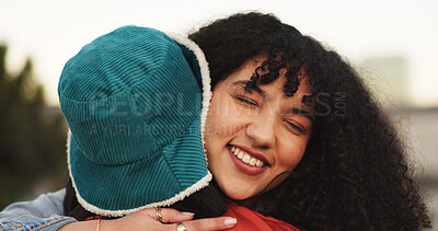 Buy stock photo Smile, woman and embrace friends outdoor for love, care and bonding together with affection. Happy, people and hugging for reunion, long distance friendship and support with connection in urban town