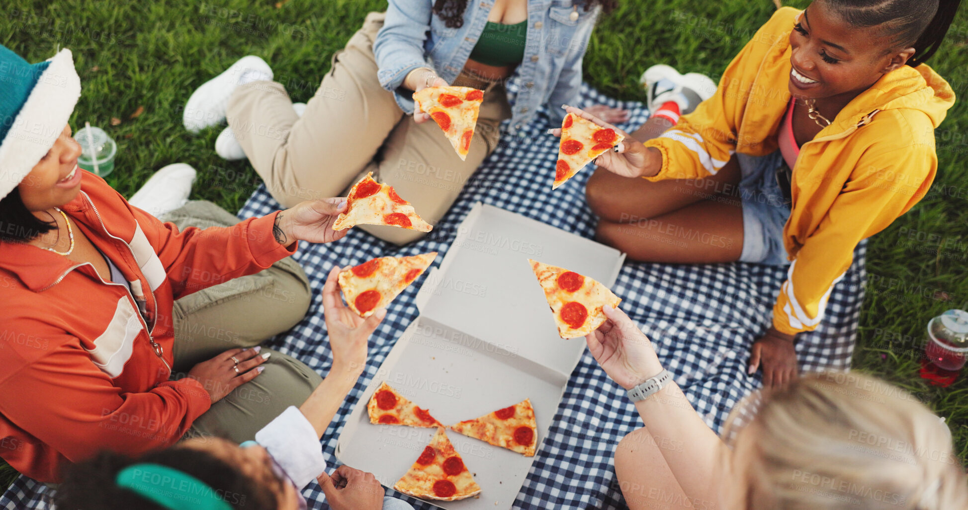 Buy stock photo Pizza, above and people in park for eating fast food, lunch and meal on holiday in nature. Hands, taste or female person in garden on vacation for outdoor picnic, feast or bite of takeaway to relax