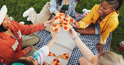 Buy stock photo Pizza, above or friends in park for toast with fast food, lunch meal and holiday in nature. Smile, cheers or excited people in garden on vacation for outdoor picnic, feast or bite of takeaway