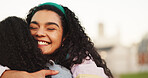 Smile, woman and hug with friends outdoor for love, care and bonding together with affection. Happy, people and embrace for reunion, long distance friendship and support with connection in urban town