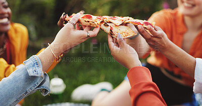 Buy stock photo Pizza, hands or people in park for toast, fast food lunch and meal on holiday in nature. Hungry, cheers and group of friends in garden on vacation for outdoor picnic, feast and takeaway to relax