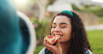 Buy stock photo Pizza, snack and happy woman in park for eating fast food, lunch and meal on holiday in nature. Outdoor, taste or female person in garden on vacation for picnic, feast or bite of takeaway to relax