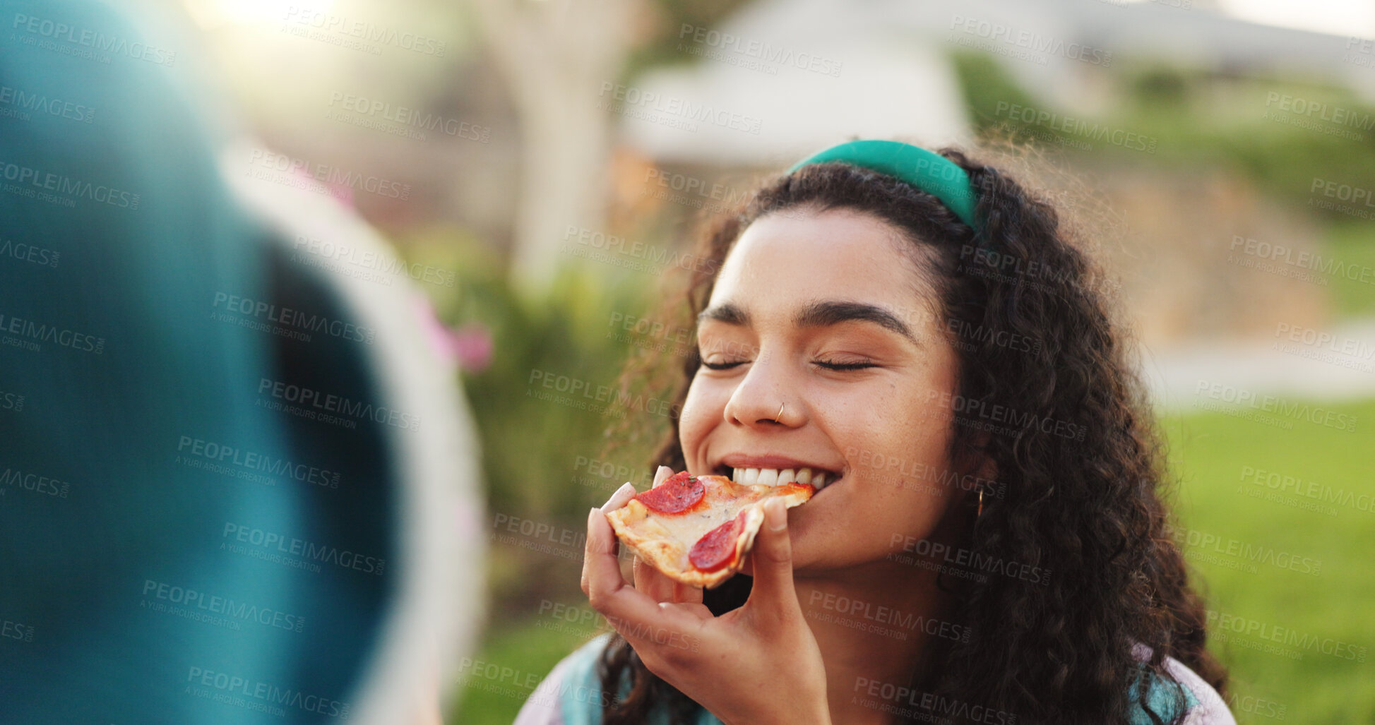 Buy stock photo Pizza, snack and happy woman in park for eating fast food, lunch and meal on holiday in nature. Outdoor, taste or female person in garden on vacation for picnic, feast or bite of takeaway to relax