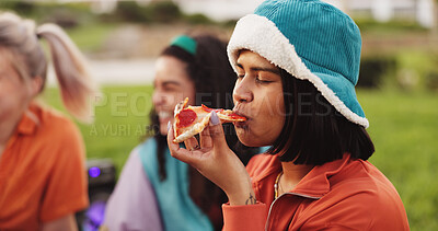 Buy stock photo Pizza, friends and woman in park for eating fast food, lunch and meal on holiday in outdoor nature. Field, taste or female person in garden on vacation for picnic, feast or bite of takeaway to relax