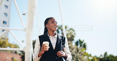 Buy stock photo Thinking, coffee and business with black woman in city for real estate developer, idea and commute. Reflection, property manager and morning journey with person outdoor for opportunity and smile