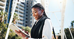 Tablet, research and black woman in city with communication, contact or email for finance report. Morning, digital technology and African female financial manager with investment proposal in town.