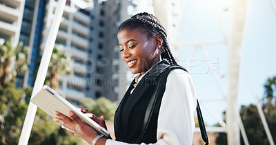 Buy stock photo Tablet, research and black woman in city with communication, contact or email for finance report. Morning, digital technology and African female financial manager with investment proposal in town.