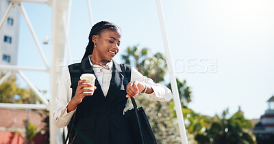 Buy stock photo Happy, black woman or checking watch with coffee for time management, schedule or deadline in city. Female person, employee or travel with smile, wristwatch or drink for morning plan in an urban town