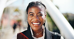 Portrait, happy and business with black woman in city for real estate developer, pride and commute. Confidence, property manager and morning journey with person outdoor for opportunity and smile