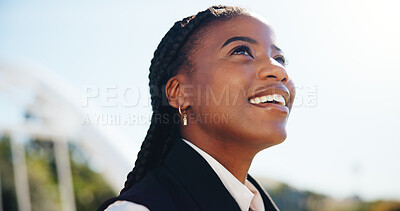 Buy stock photo Thinking, happy and business with black woman in city for real estate developer, idea and commute. Reflection, property manager and morning journey with person outdoor for opportunity and smile