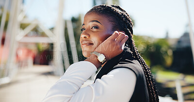 Buy stock photo Thinking, professional and business with black woman in city for real estate developer, idea and commute. Reflection, property manager and morning journey with person outdoor for career opportunity